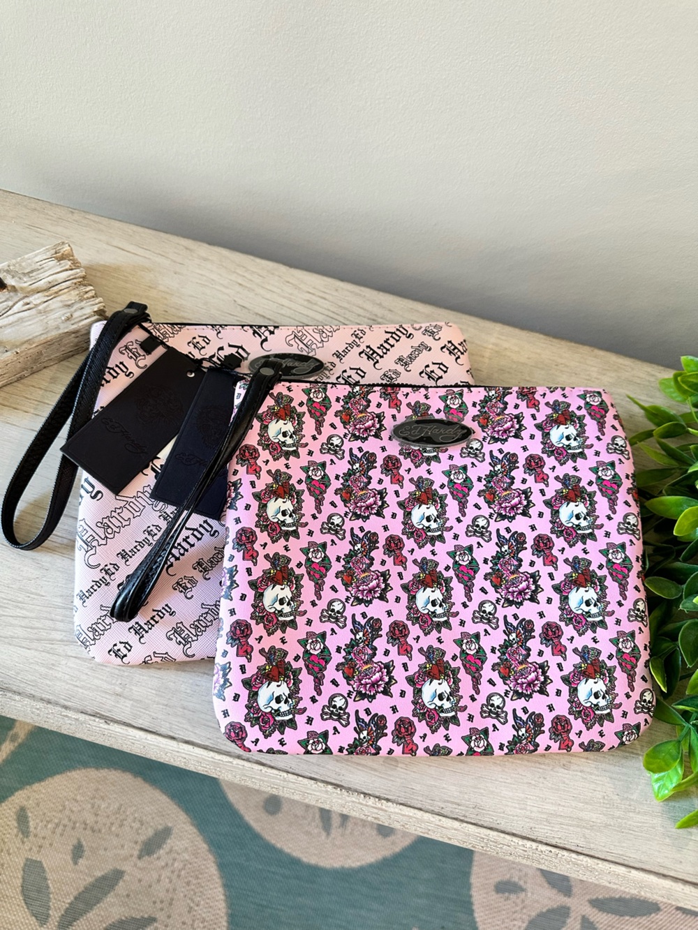 Ed Hardy Pink 2 piece Large Floral Skull Cosmetic Pouches